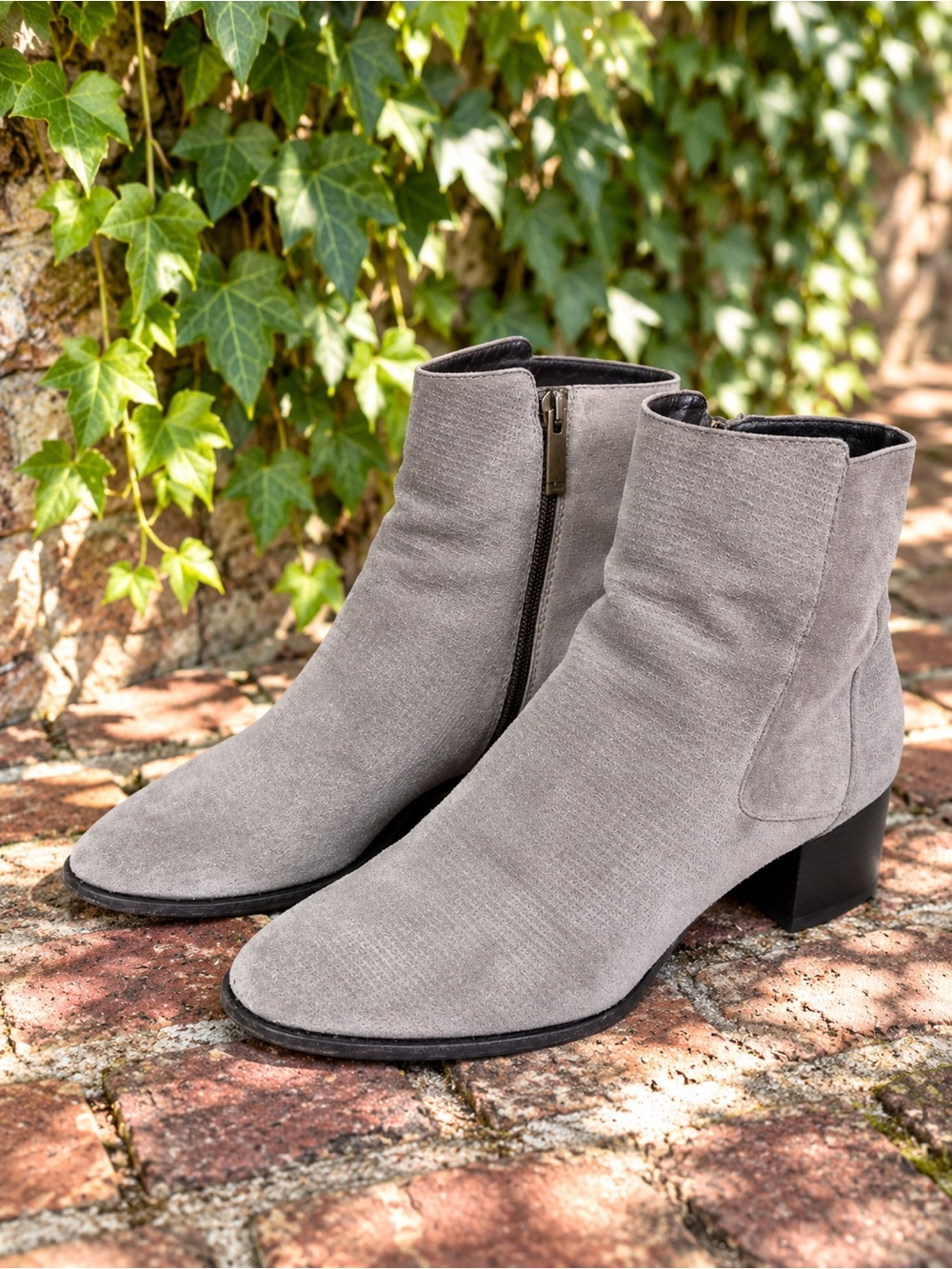 AQUATALIA Gray Textured Suede Block Heel Ankle Boots, Made in Italy, 9.5